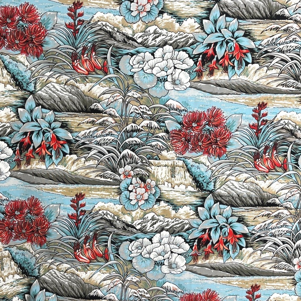6+ Yards New Zealand Scenic Cotton Fabric Landscape Floral Print Blue Red